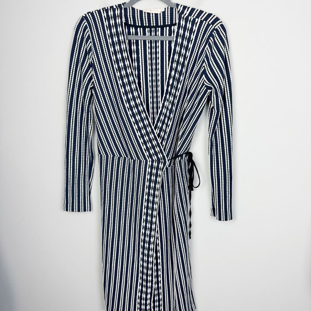 TORY BURCH | Jacquard Striped Navy Blue Long Sleeve Wrap Dress Women’s Size M - Picture 3 of 14